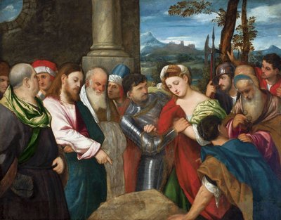 Christus en de overspelige vrouw door Bonifazio Veronese