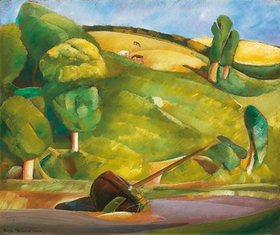 Zeilboot in een kubistisch landschap, begin jaren 1920 door Boris Dmitrievich Grigoriev