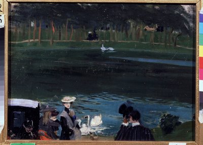 Bois de Boulogne. Het meer met zwanen en wandelaars door Boris Mikhailovich Kustodiev