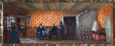 Voorbereidend decor voor het toneelstuk De dood van Pasukhin van Mikhail Saltykov-Shchedrin door Boris Mikhailovich Kustodiev