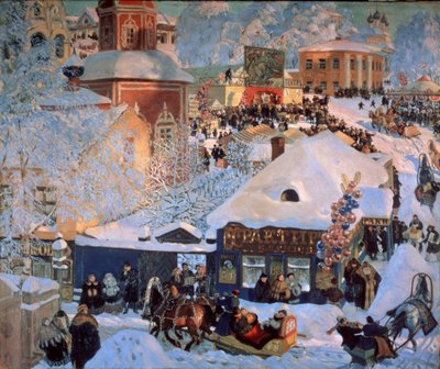 Winter, Vastenavond door Boris Mikhailovich Kustodiev
