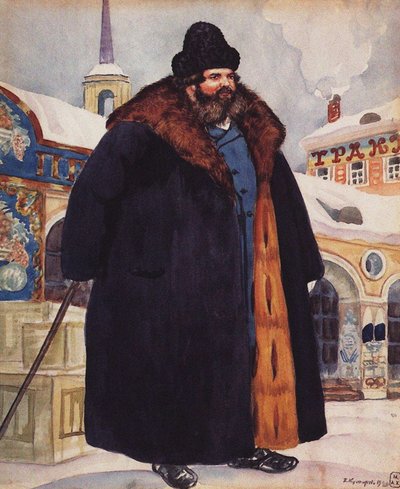 Koopman in een bontjas, 1920 door Boris Mikhailovich Kustodiev