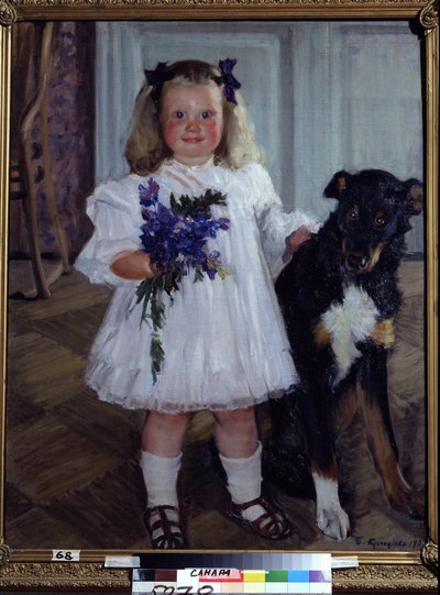 Portret van dochter Irina met de hond Shumka door Boris Mikhailovich Kustodiev
