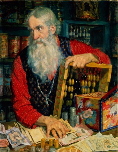 De koopman oude man met geld, 1918 door Boris Mikhailovich Kustodiev