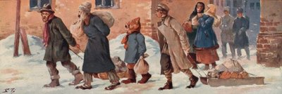 Sovjetarbeiders verlaten hun kantoren met hun voedselrantsoenen door Boris Vasilievich Zvorykin