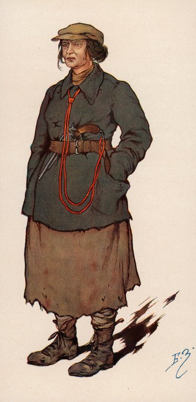 Vrouwelijke agent van de Cheka, de Sovjet geheime politie opgericht na de Russische Revolutie (kleur litho) door Boris Vasilievich Zvorykin