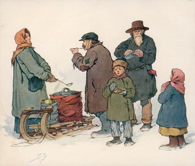 Vrouw die hete soep verkoopt op straat in Sovjet-Rusland door Boris Vasilievich Zvorykin