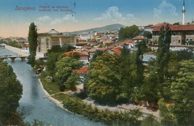 Sarajevo - uitzicht naar het noorden van de stad. Ansichtkaart verzonden in 1913. door Bosnian Photographer