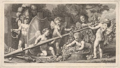 Zes putti spelen met de wapens van Mars, vier houden een grote lans vast door Bossi
