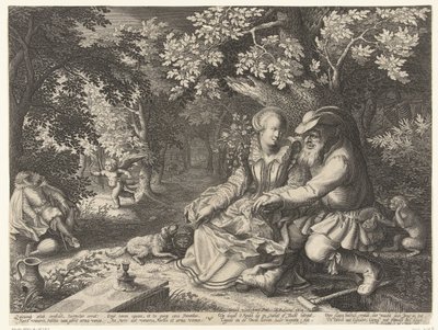 Dood en Cupido schieten elkaars pijlen af en oude man maakt jonge vrouw het hof door Boëtius Adamsz. Bolswert