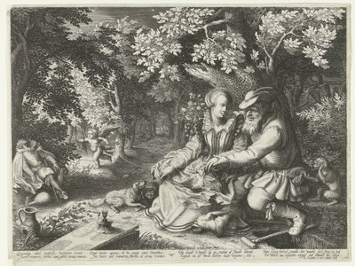 Dood en Cupido schieten elkaars pijlen af en oude man maakt jonge vrouw het hof door Boëtius Adamsz. Bolswert