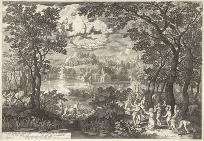 Landschap met martelaarschap van heilige Stefanus door Boëtius Adamsz. Bolswert