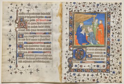 Bifolio uit een getijdenboek: Aanbidding van de Wijzen (recto) door Boucicaut Master