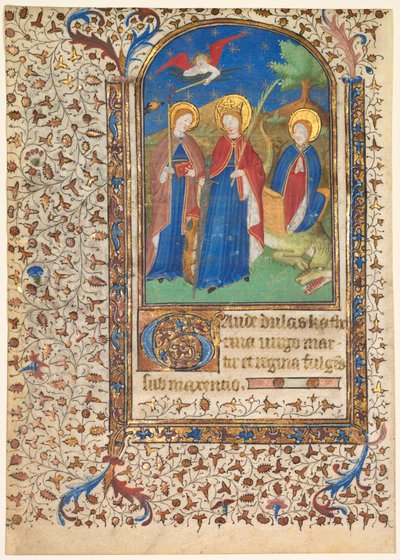 Blad uit een Getijdenboek: Sts. Geneviève, Catharina van Alexandrië, en Margaretha recto..., ca. 1415 door Boucicaut Master