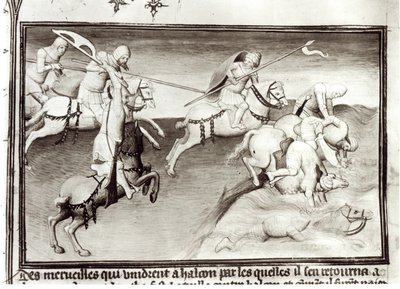 Ms Fr 2810 De Mongoolse leider, Hulagu, khan van het Ilkhanate achtervolgt zijn neef, Berke, khan van de Kipchak of Gouden Horde in 1262, dwingt hem in een rivier, uit Livre des Merveilles du Monde, c.1410 door Boucicaut Master