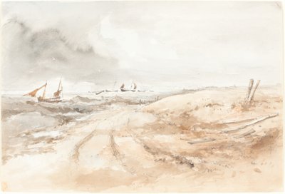 Kustscène met Boten in Woelig Water door British 19th Century