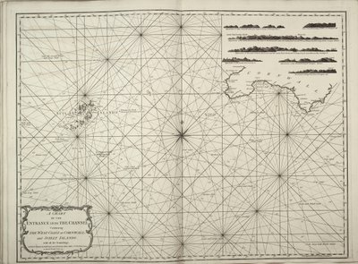 Een kaart van de ingang van het Kanaal met de westkust van Cornwall en de Scilly-eilanden met alle dieptemetingen door British School