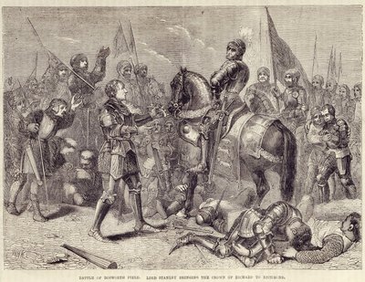 Slag bij Bosworth Field. Lord Stanley brengt de kroon van Richard III naar Richmond (1485): einde van de Rozenoorlog - in 