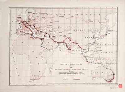 Algemene kaart van telegraaflijnen tussen Europa, India, Australië en China door British School