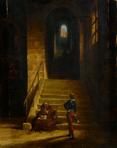 Interieur van een kasteel, met een zittende monnik, ca. 1850 door British School