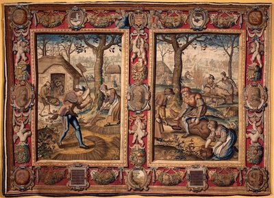 November en December: landbouwarbeid en varkensslacht Tapijt van de manufacturen van Mortlake. 17e eeuw Genes, Musei di Strada Nuova door British School