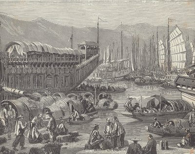 Schepen in drukke haven, Shanghai, China (gravure) door British School
