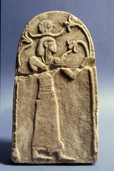 Stele die een godheid toont die de Boom des Levens aanbidt, Kanaänitische periode (1500-1200 v.Chr.) (kalksteen) door Bronze Age