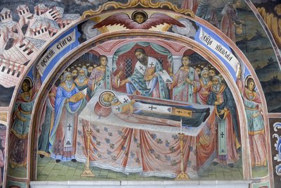 Bulgarije, Rila-gebergte, Rila-klooster, fresco detail in de kerk van de Geboorte van de Maagd door Bulgarian School