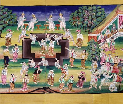 Scène van verdienste maken, pagina uit een manuscript door Burmese School