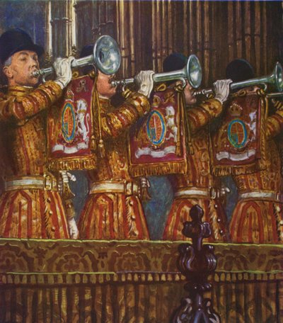 Trompetters van de Household Cavalry die een fanfare spelen door Byam (after) Shaw