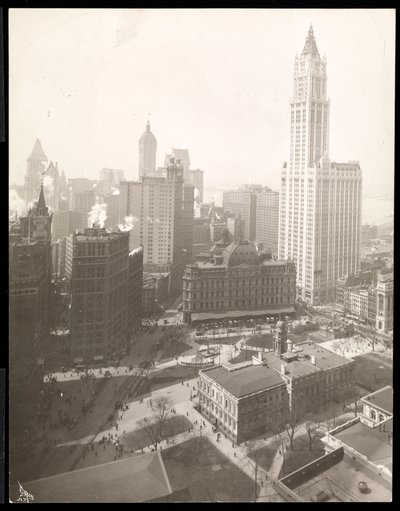Luchtfoto van City Hall Park, City Hall en het postkantoor door Byron Company