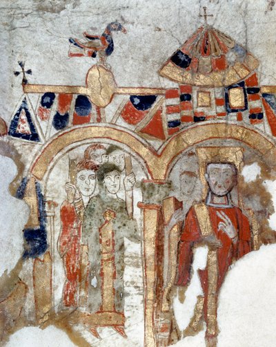 Diaken en gelovigen tijdens een processie naar de kerk (miniatuur uit Exultet) door Byzantine
