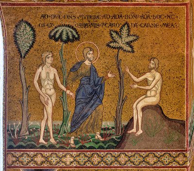 God introduceert Eva aan Adam, Byzantijns mozaïek, XII-XIII eeuw, op de tegengevel (mozaïek) door Byzantine