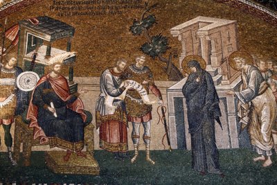 Maria & Jozef voor Cyremius die zich inschrijven voor de belasting, met een bewaker, een schrijver en een officier door Byzantine