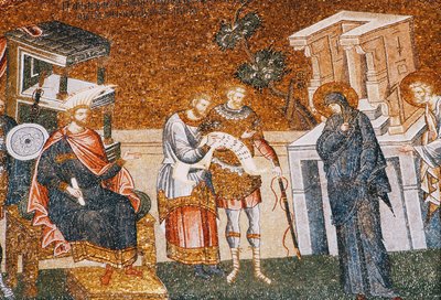 Maria & Jozef voor Cyremius die zich inschrijven voor de belasting, met een bewaker, een schrijver en een officier, ca. 14e eeuw (mozaïek) (detail) door Byzantine