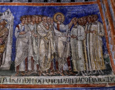St. Paulus legt zijn handen op nieuw gedoopten, Byzantijns fresco in transept van Tokali Kilise (Buckle Church) (12e-13e eeuw), Goreme (Unesco Werelderfgoedlijst) door Byzantine