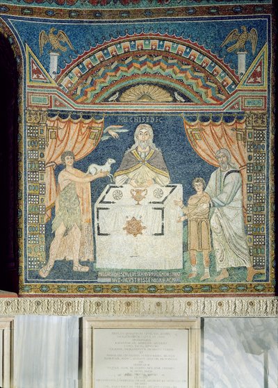 Abraham, Isaac en Melchisedech (mozaïek) door Byzantine School