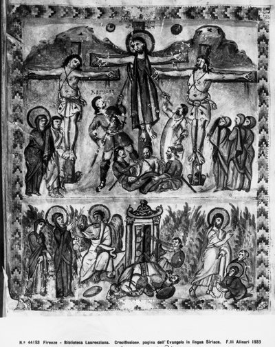 Kruisiging en de Opstanding, uit de Rabula Evangeliën, 586 AD door Byzantine School