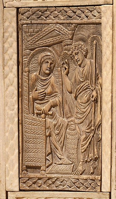 Detail van de Aankondiging, van de stoel van Bisschop Maximianus (inlegwerk van hout en ivoor) door Byzantine School