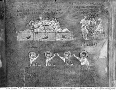 Het Laatste Avondmaal, Jezus wast de voeten van de discipelen, uit de Codex Purpureus door Byzantine School