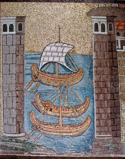 Uitzicht op boten in de haven van Classe (Detail) door Byzantine School
