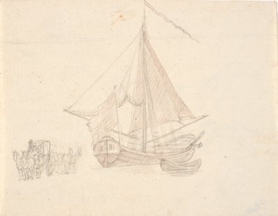 Een schip met zeil en wimpel en een sloep. Links twee paardenwagens door C.A. Lorentzen