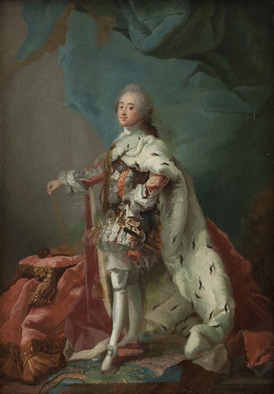 Koning Frederik V van Denemarken in zalvingsgewaden door C.G. Pilo