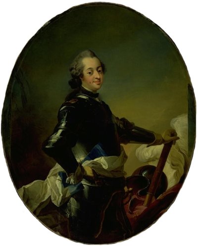 Portret van Frederik V in harnas door C.G. Pilo