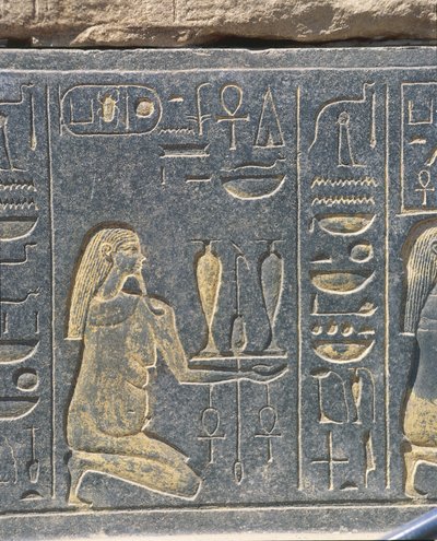 Egypte, Karnak, Rode kapel van Hatsjepsoet, gouden reliëf, wijnoffer door J.B. and Brown J. Rowbotham