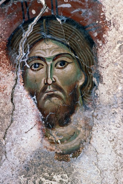 Gezicht van Christus, detail van fresco in de kerk van Agios Georgios, Mourne, Kreta, Griekenland (foto) door J.B. and Brown J. Rowbotham