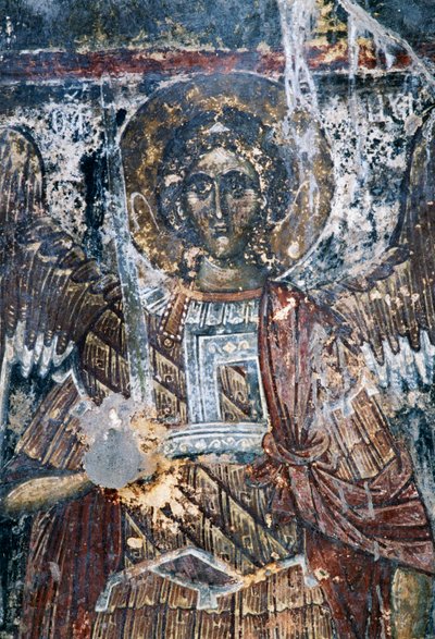 Paard, beschadigde fresco op plafond van de kerk van Agios Vasileios, Vavouledo, Kreta, Griekenland (foto) door J.B. and Brown J. Rowbotham