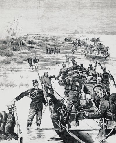 Japanse troepen onder bevel van Yamagata Aritomo steken de Yalu-rivier over door J.B. and Brown J. Rowbotham