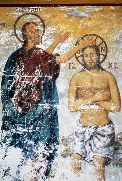 Jezus wordt gedoopt door St. Johannes, fresco in de kerk van het klooster van St. Johannes Theoloog (Unesco Werelderfgoedlijst) door J.B. and Brown J. Rowbotham