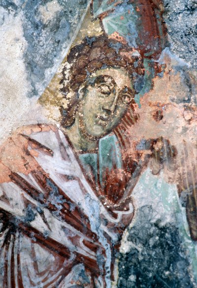 Mannelijke figuur, beschadigde fresco op plafond van kerk van Agios Vasileios, Vavouledo, Kreta, Griekenland (foto) door J.B. and Brown J. Rowbotham